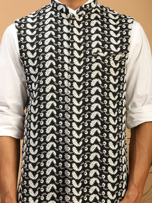 Men Black Chikankari Embroidered Pure Cotton Nehru Jacket